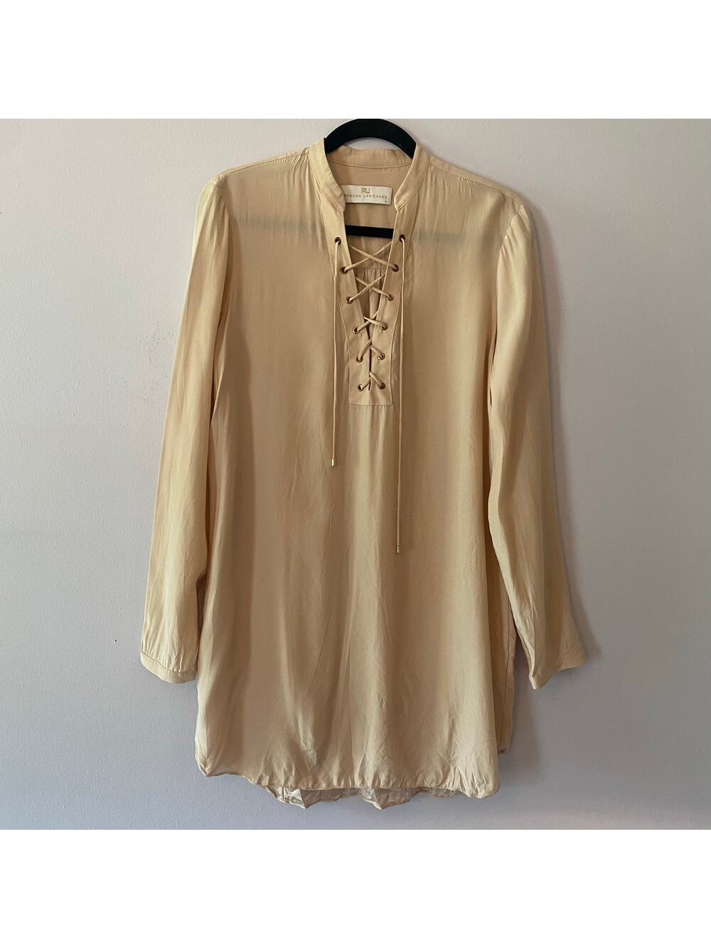 Amanda Uprichard Pink 100 Silk Lace-Up Long Sleeve Tunic Mini Dress Women Medium